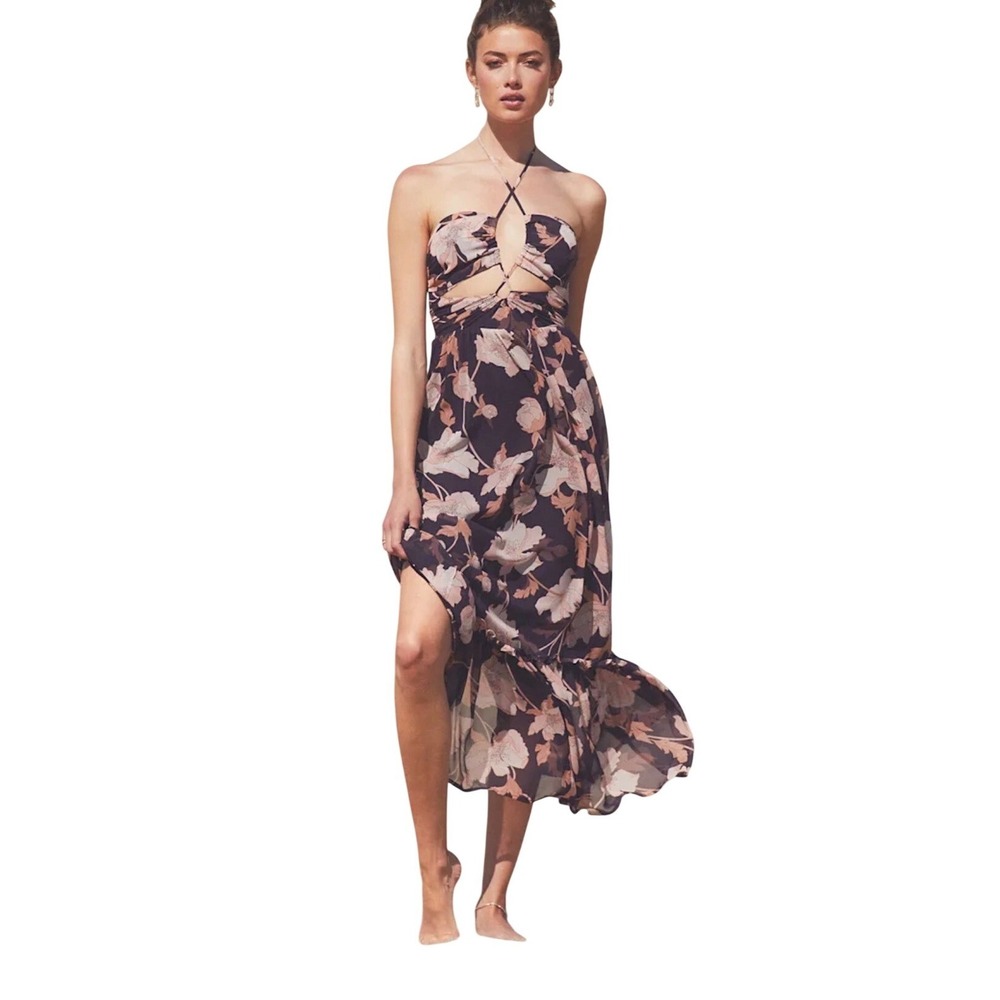 NWT Lulus Blooming Elegance Purple Floral Cutout Halter Maxi Dress Chiffon Large